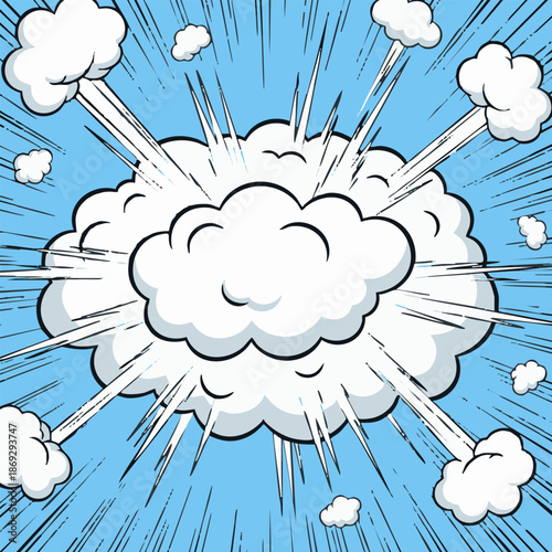 A cartoon explosion with a large white cloud and radiating lines against a blue sky with scattered clouds
