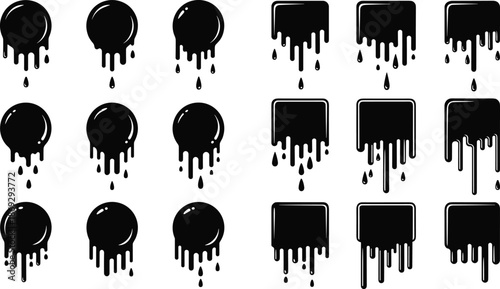 Dripping paint silhouette vector set, black liquid splash shapes and ink drops collection for grunge design, street art, horror, and abstract graphics