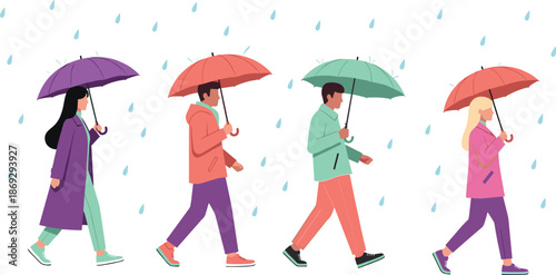 People walking in rain with umbrellas flat vector illustration showing diverse characters weather protection urban lifestyle concept modern seasonal design
