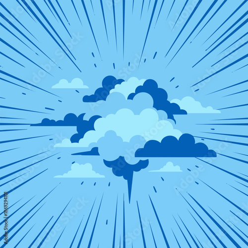 A blue sky with clouds and sun rays bursting out from the center, creating a dramatic effect