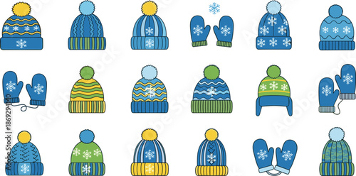 Winter hat and mitten vector icon set with snowflake patterns cozy knitted accessories colorful cold weather collection design illustration elements