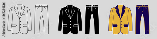 Male clothing suit coat and pants. Vector.