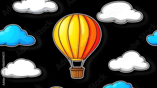 Pixel Art Hot Air Balloon Soaring Through Stylized Clouds