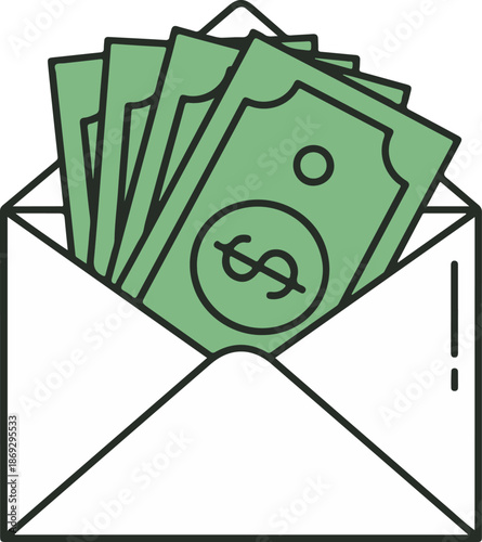 Obraz na płótnie A colorful flat-design vector illustration of an open white envelope filled with a fan of green paper currency bills featuring dollar signs, representing a cash payment or gift