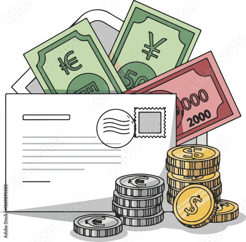 A detailed vector illustration of a white mailing envelope accompanied by stacks of coins and various international paper currency, including Euro, Yen, and Dollar notes.