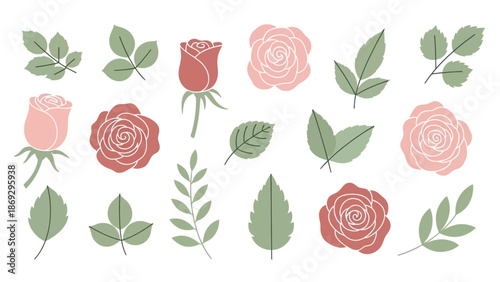 Elegant Flat Design Rose Flowers and Leaves Vector Illustration Collection for Floral Decor