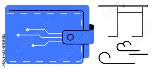 Digital payments, fintech, modern finance, money management, blockchain security, transaction technology. Blue wallet with electronic circuits and abstract linear details. Digital payments