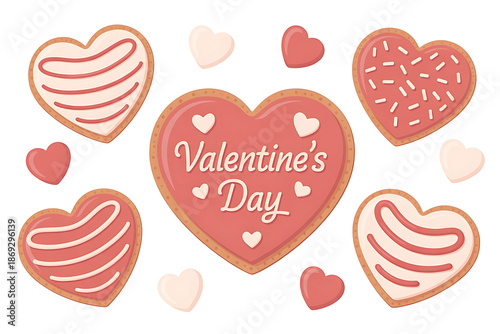Valentines Day heartshaped cookies with icing and sprinkles