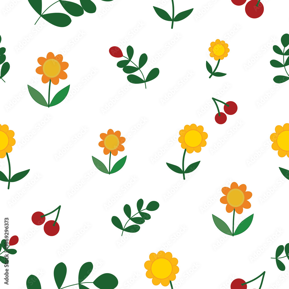 Obraz premium Cheerful Floral and Berry Seamless Pattern