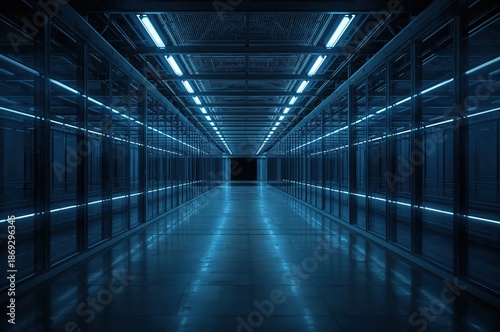 Wallpaper Mural High tech infrastructure hallway in data center facility with symmetrical perspective and cool lighting for internet service provider background concept. Torontodigital.ca