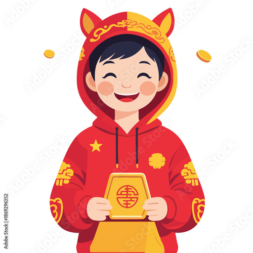 a happy Chinese boy wearing a horse-themed hoodie and holding a gold ingot