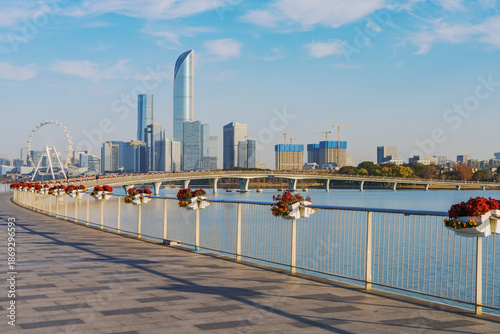 The skyline of modern cities, the Civic Square, and the scenery of Jinji Lake in Suzhou, Jiangsu Province, China on December 8, 2025
