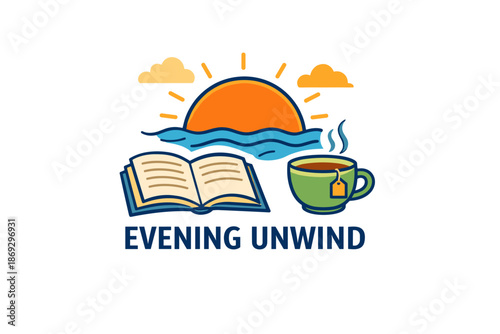 Evening unwind: sunset with open book and tea cup on waves