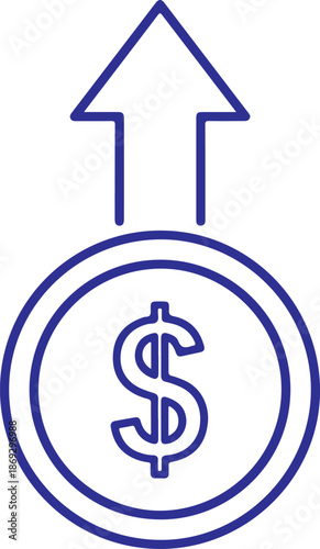 A purple line art vector featuring a round coin with a central dollar symbol, positioned directly beneath a bold arrow pointing vertically upward, symbolizing monetary value growth and investment.