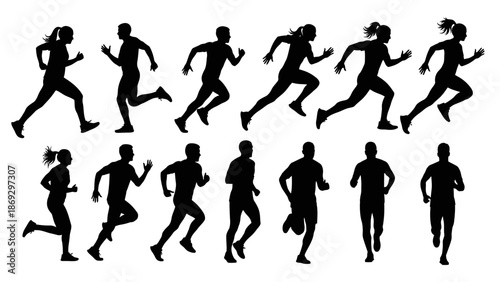 Running Silhouette Vector Set – Sequential and Static Human Motion Poses for Animation, Biomechanics Study, Athletic Training, and Dynamic Design Reference Projects