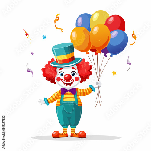 Happy clown character holding colorful balloons and confetti.