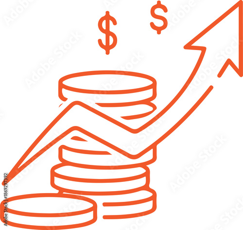 An orange line-art vector graphic featuring rising stacks of coins and an upward-trending arrow with floating dollar signs, symbolizing financial growth and high investment returns.