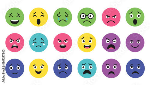Colorful Emoticon Vector Set – Expressive Faces in Green, Yellow, Pink, Blue, and Purple for Emotion Charts, Educational Tools, and Communication Design Projects