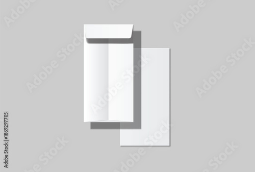 DL envelope mockup with blank paper mockup on neutral background, clean stationery composition for corporate branding, business correspondence, mailing design, invitation layout, print presentation	