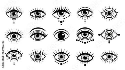 Stylized Eye Vector Set – Unique Ornamental Designs with Lashes, Symbols, and Expressions for Artistic Inspiration, Visual Storytelling, and Creative Design Projects