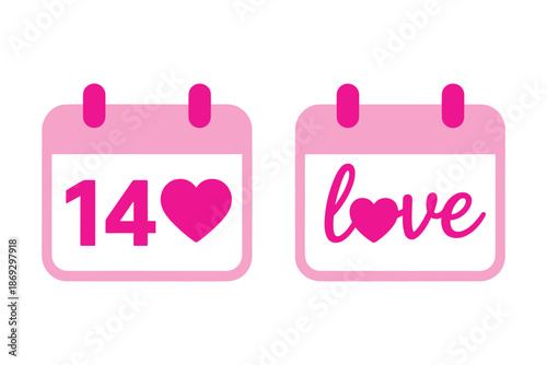 Cute pink calendar icons for Valentine's Day. Features '14 ❤️' and 'love' text. Ideal for romantic themes, date reminders, and special occasions