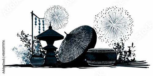 Traditional japanese umbrella and decorative lantern