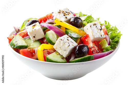 Fresh Greek Salad in a White Bowl with Feta Cheese, Olives, and Vegetables, isolated on a transparent background.