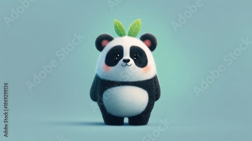 An adorable panda stands with green leaf-shaped vegetations on its head,