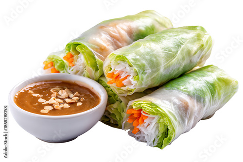 Fresh Vietnamese Spring Rolls with Shrimp and Vegetables Served with Peanut Dipping Sauce, isolated on a transparent background.