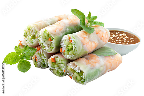 Fresh Vietnamese Spring Rolls with Shrimp and Vegetables Served with Peanut Dipping Sauce, isolated on a transparent background.