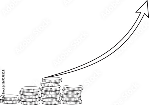 A black and white line art vector featuring stacks of coins arranged in ascending heights, with a large arrow curving upwards to symbolize financial growth, profit, and economic success.
