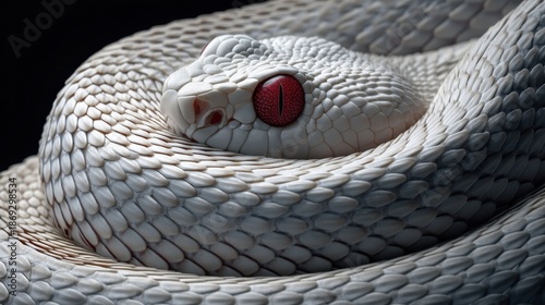 A close-up of an albino snake coiling its body, showcasing prominent red eyes under white lighting conditions.