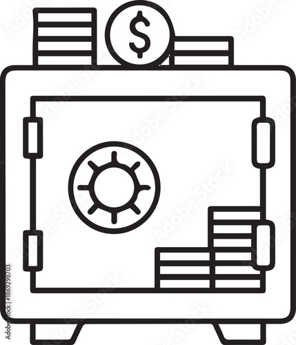 A black and white line-art vector icon of a bank safe with a combination dial, containing stacks of coins inside and more coins with a dollar symbol resting on top.