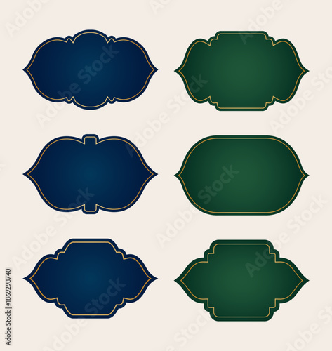 Set of luxury dark blue and green gradient islamic labels with gold outline for product tag