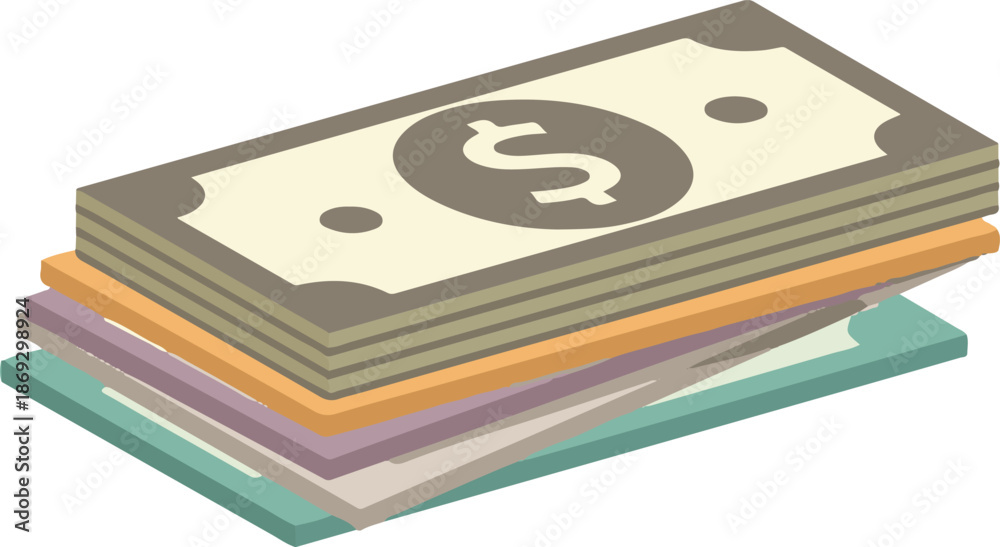 Fototapeta premium A colorful vector illustration of a stack of paper currency. The top bill features a prominent dollar sign, with multiple multicolored notes layered underneath in a clean, flat design.