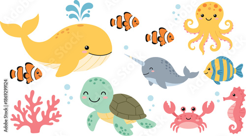 Cute Sea Creatures Collection with Whale, Turtle, Narwhal, Octopus, Seahorse, and Clownfish for Undersea Nursery Decor.