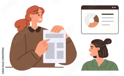 Team collaboration, business analytics, workplace communication, project management, strategy analysis, productivity. Two individuals discussing reports and data with charts. Team collaboration