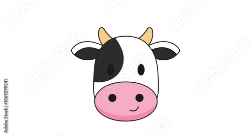 Cute cartoon cow head illustration with black spots and a pink snout is isolated on a white background for farm animal designs.