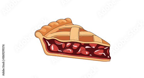 Delicious slice of cherry pie with a lattice crust showing the red fruit filling is isolated on a plain white background.