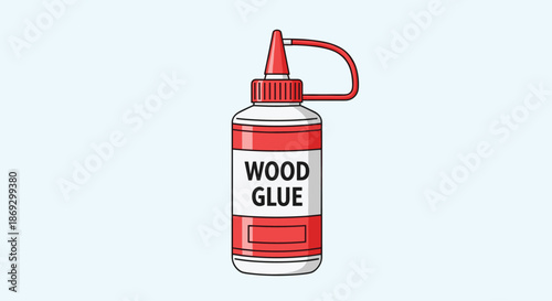 Plastic bottle of wood glue with a red cap and label against a light blue background is perfect for woodworking and diy projects.