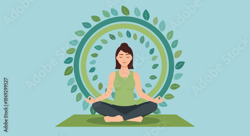 Illustration of woman meditating in lotus position on a yoga mat with a green leaf wreath behind her head, symbolizing peace and wellness