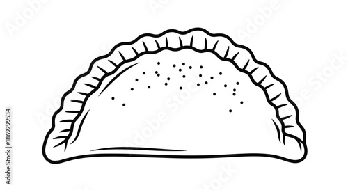 Black and white line art drawing of a fried empanada or dumpling with a crimped edge and textured surface on a white background.