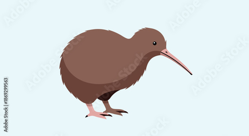 Brown kiwi bird illustration with its long beak and flightless body is shown against a light blue background for wildlife.