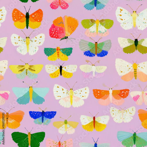 Vibrant Butterflies Seamless Pattern on Pastel Pink Background: A cheerful illustration of colorful butterflies on soft pink, great for wrapping paper, textiles, cards, and other creative projects