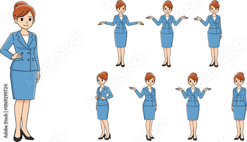 Professional Businesswoman Character Set in Blue Skirt Suit with Various Hand Gestures and Poses.
