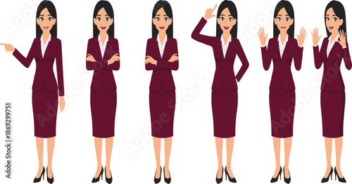 Professional Businesswoman Character Set in Maroon Suit with Various Poses and Gestures.