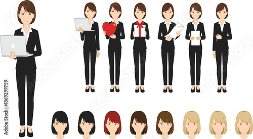 Professional Businesswoman Character Set with Laptop, Gift Box, and Heart in Various Poses and Hairstyles.