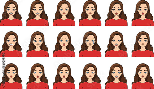 Young Woman Character Facial Expressions Set with Diverse Emotions and Feelings in Red Shirt.