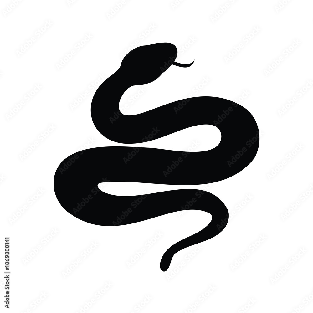 Fototapeta premium Stylized black snake with tongue out, simple and minimalist design style