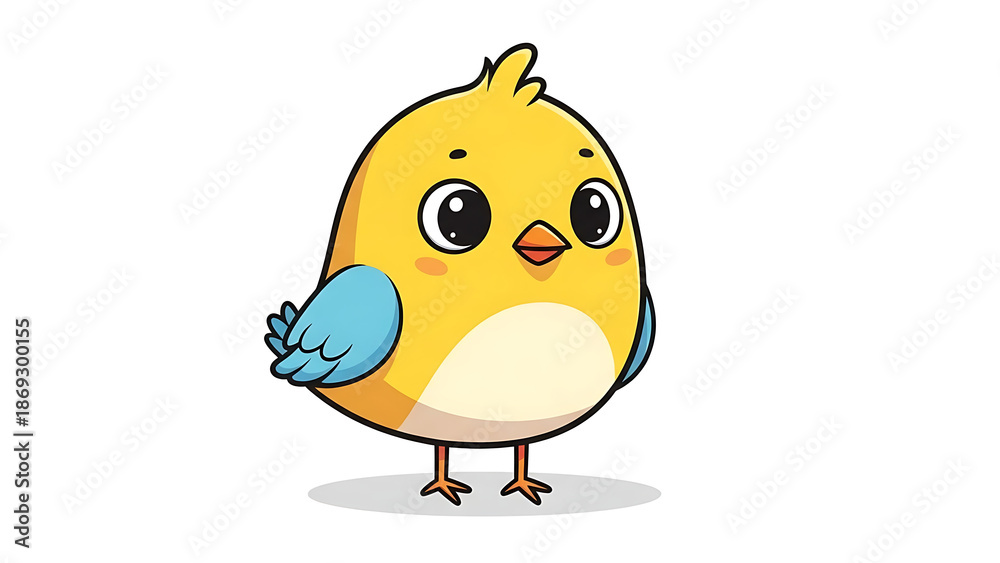 Fototapeta premium Cute yellow cartoon bird with blue wings